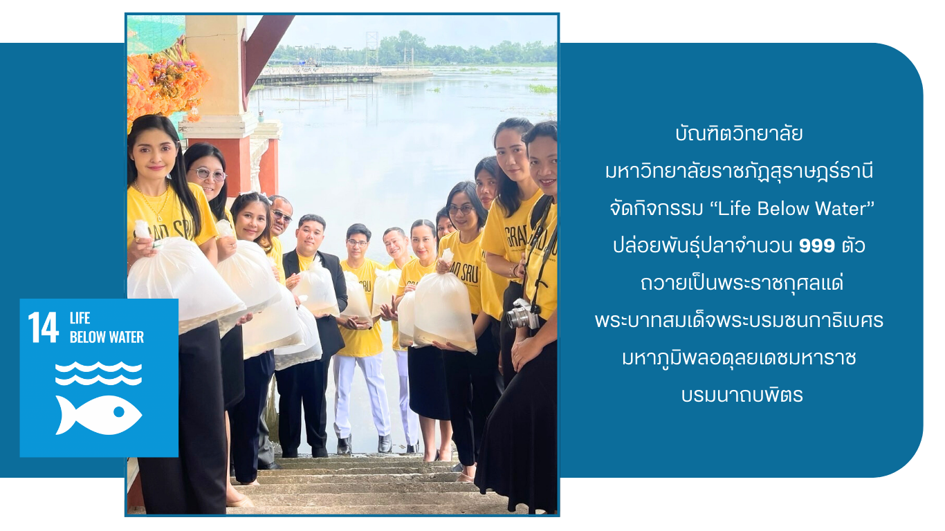 บัณฑิตวิทยาลัย มหาวิทยาลัยราชภัฏสุราษฎร์ธานี จัดกิจกรรม “Life Below Water” ปล่อยพันธุ์ปลาจำนวน 999 ตัว ถวายเป็นพระราชกุศลแด่พระบาทสมเด็จพระบรมชนกาธิเบศร มหาภูมิพลอดุลยเดชมหาราช บรมนาถบพิตร